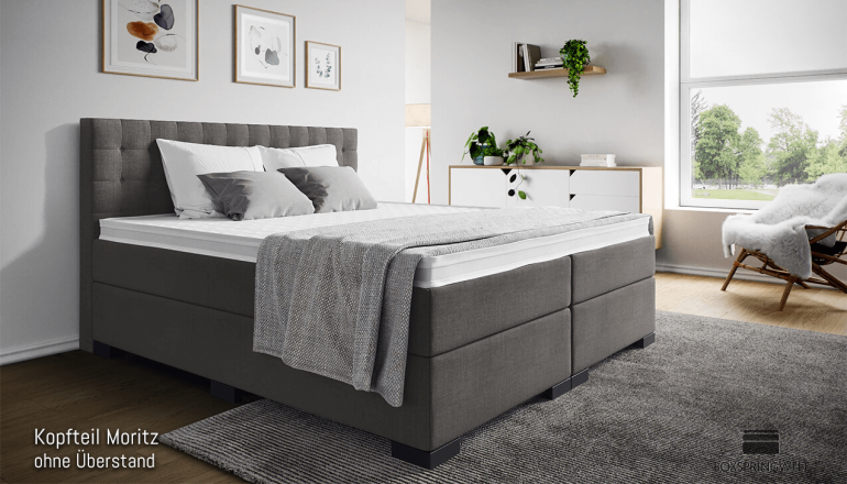 Boxspringbett Paul 180 x 200 cm mit Kopfteil Moritz ohne Seitenabstand. Eckige Füße in Schwarz