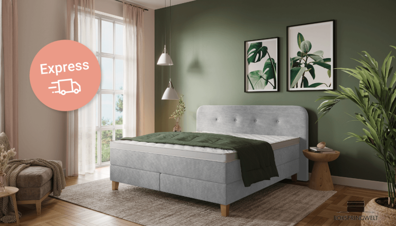 Boxspringbett Joy 180x200 cm in Breitcord Poso Hellgrau; Kopfteil mit Knöpfen