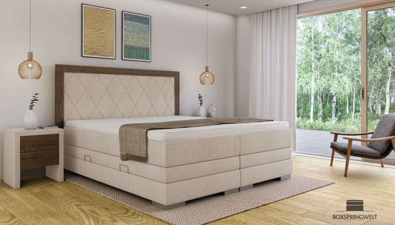 Boxspringbett Astrid 180 x 200 cm Luca Beige - Kopfteil mit Rauten