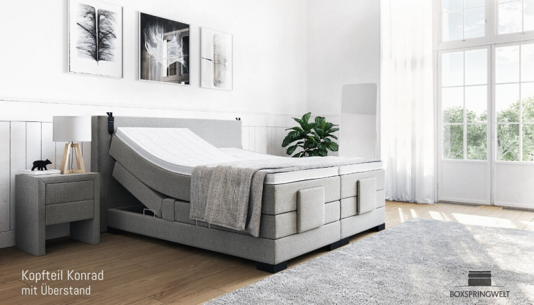 Boxspringbett Erik 160 x 200 cm mit Kopfteil Konrad mit Überstand; eckige Füße in Schwarz
