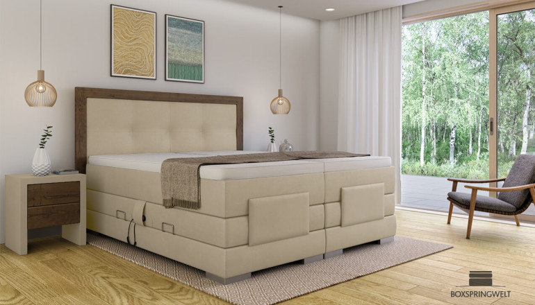Boxspringbett Daniel in Bull Beige – Kopfteil mit Rechtecken 