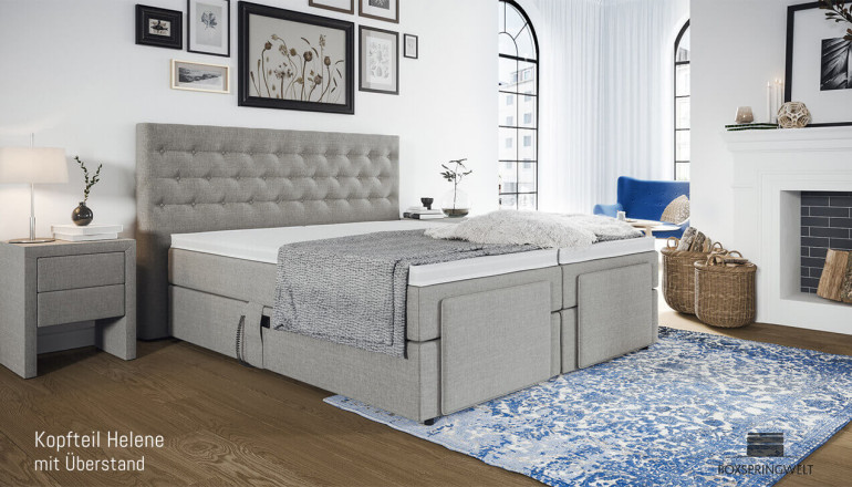 Boxspringbett Phillip 200 x 200 cm mit Kopfteil Helene mit Seitenabstand. 